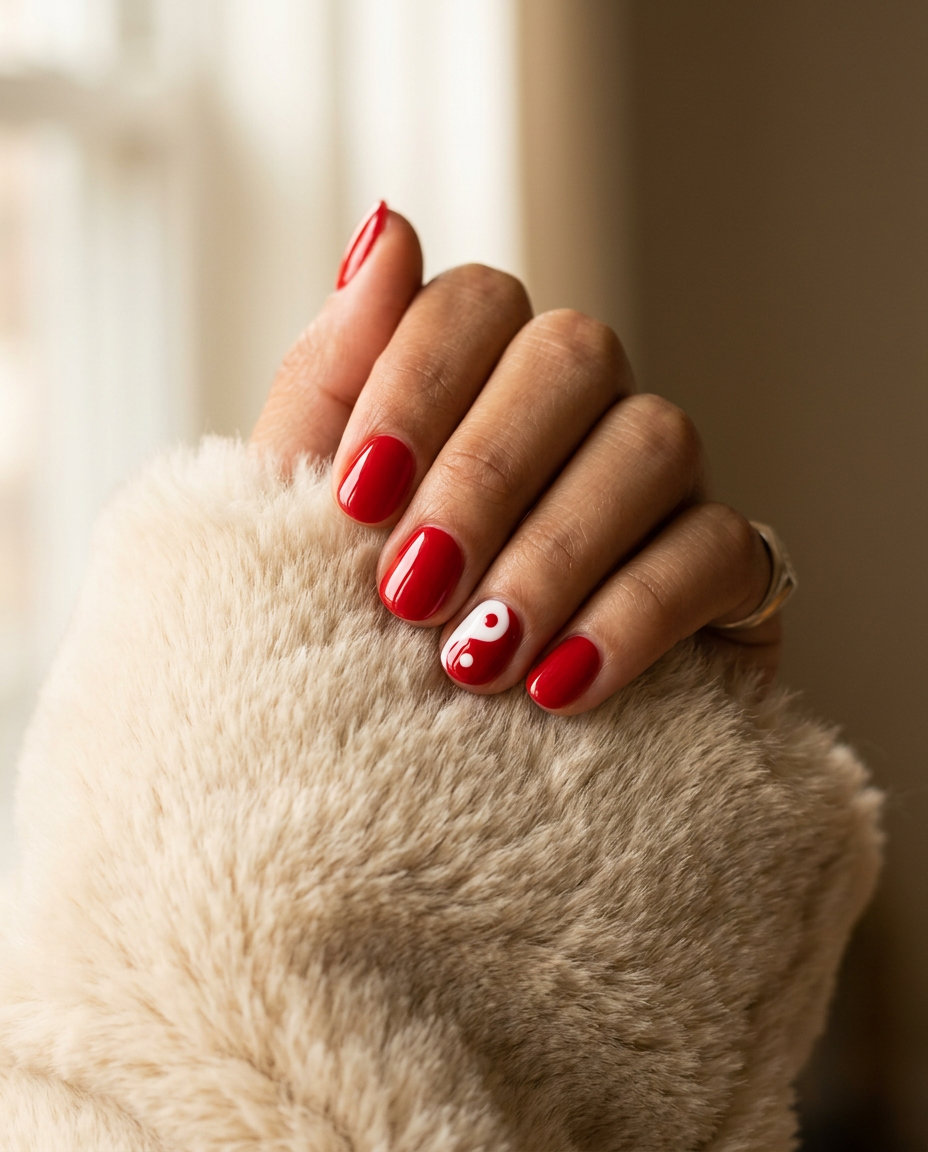 Retro yin yang red nails for summer 2026 casual parties. Fun summer red nails.