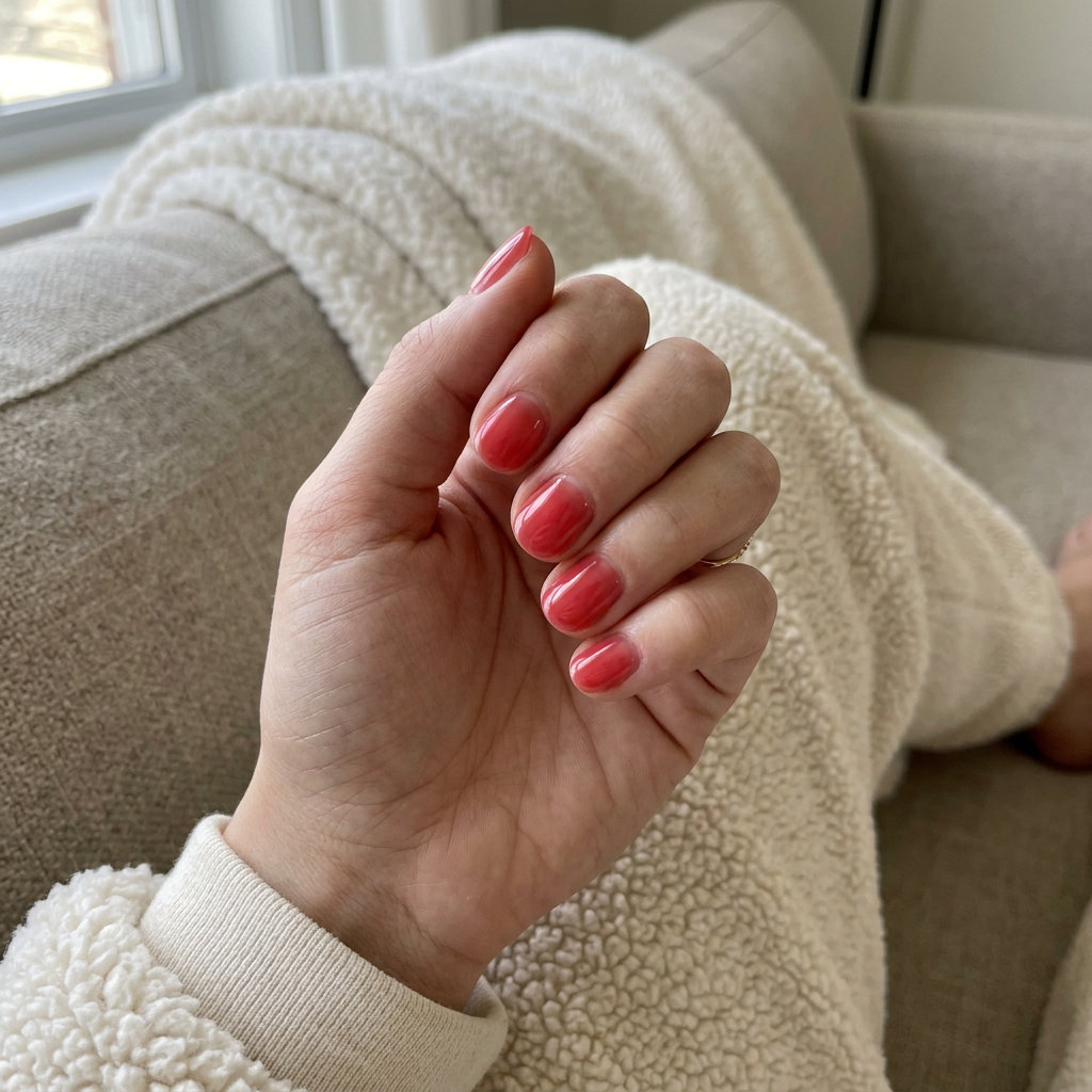 Sheer watermelon red glow nails for summer 2026 casual vacation and beach days.