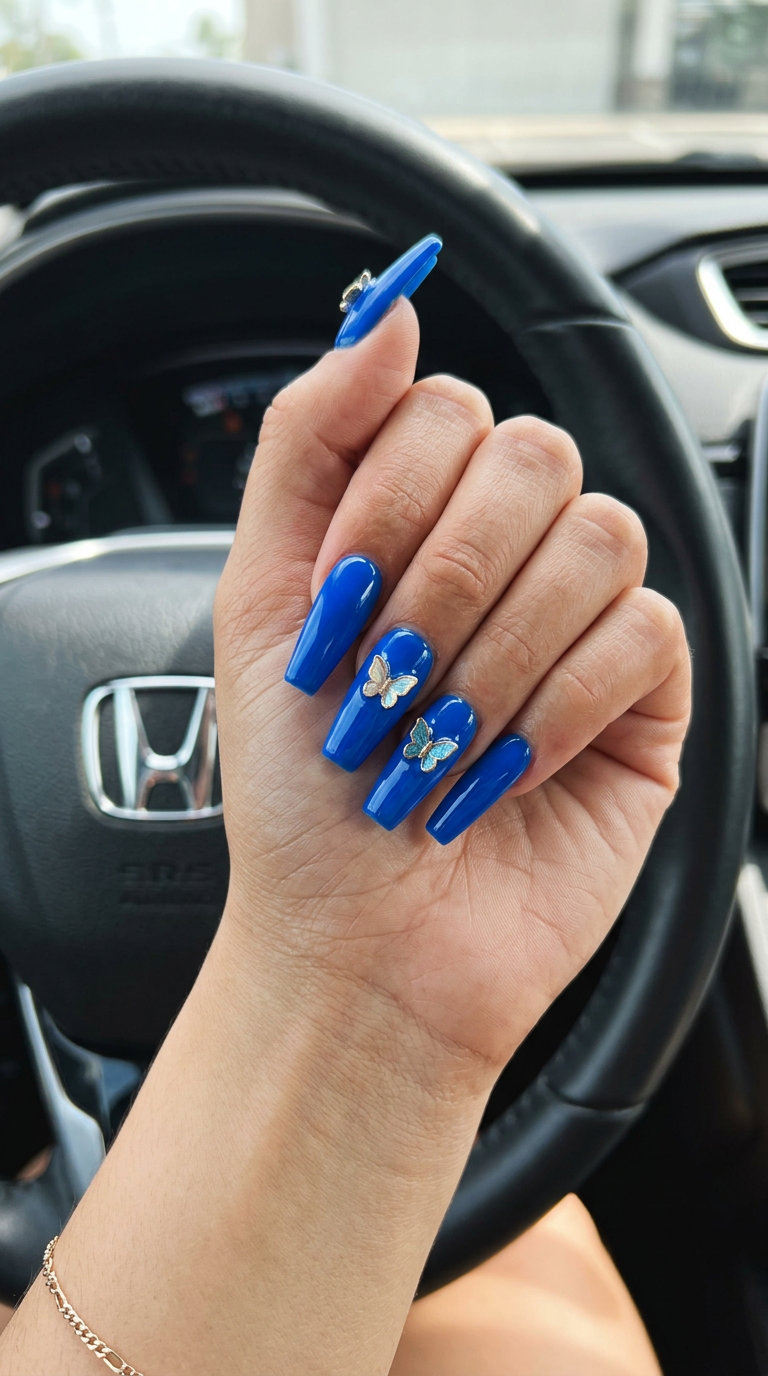 3D butterfly charm coffin nails for summer vibes nails 2026. Playful Y2K style for parties and festivals.