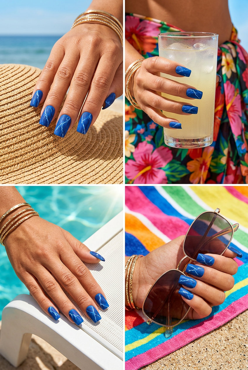 Artisan Blue Marble Texture Nails 2026: Sophisticated formal event style with matte finish.
