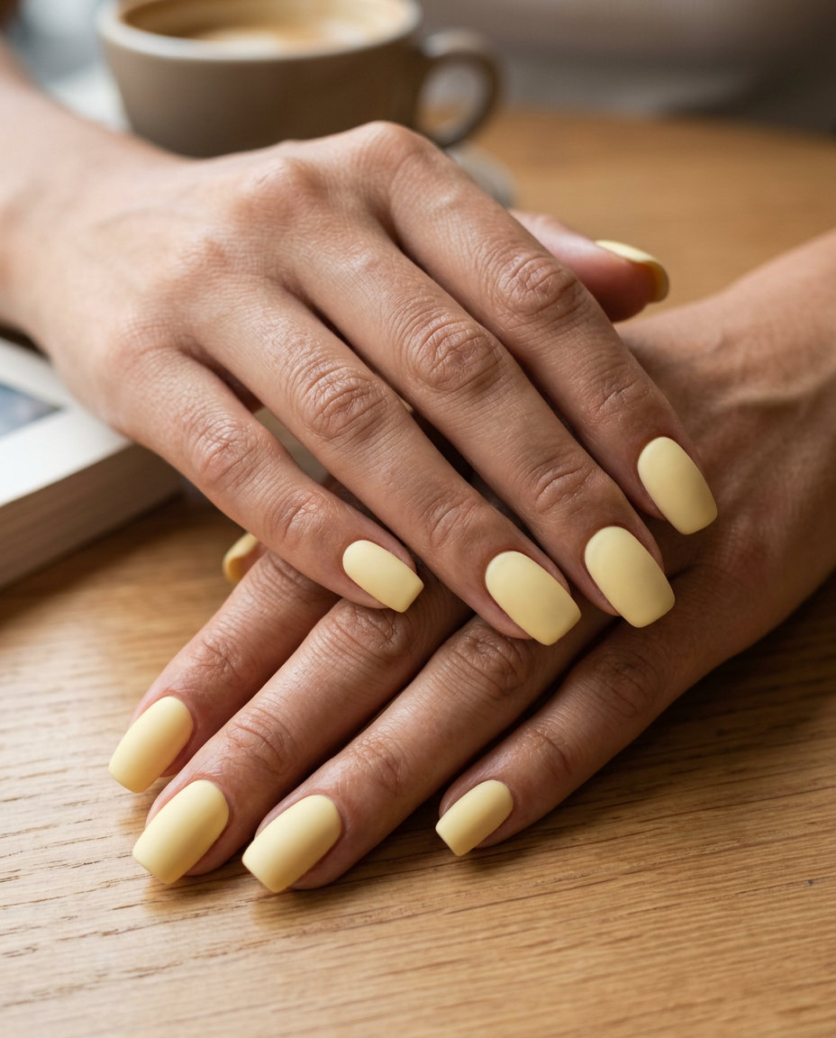 Butter yellow matte squoval nails for summer vibes nails 2026, minimalist and serene for casual brunch.