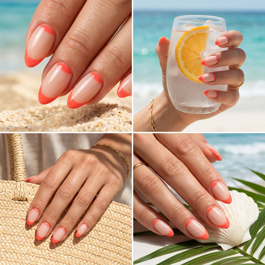 Coral reverse French tip nails for summer vibes nails 2026. Vibrant and chic for vacation and beach days.