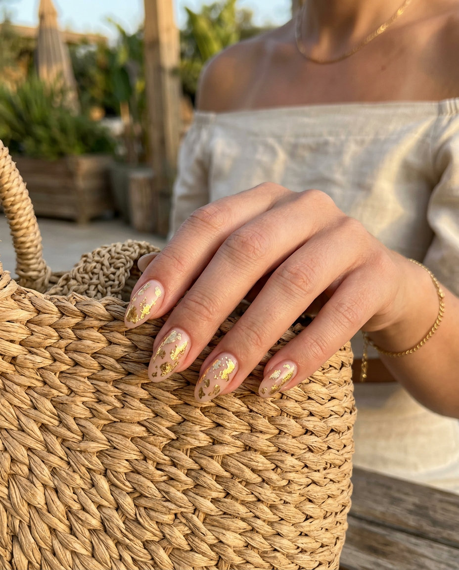 Gilded Foil Accents: Chic nude nails with gold foil for date night & glamorous events. Summer vibes nails 2026.