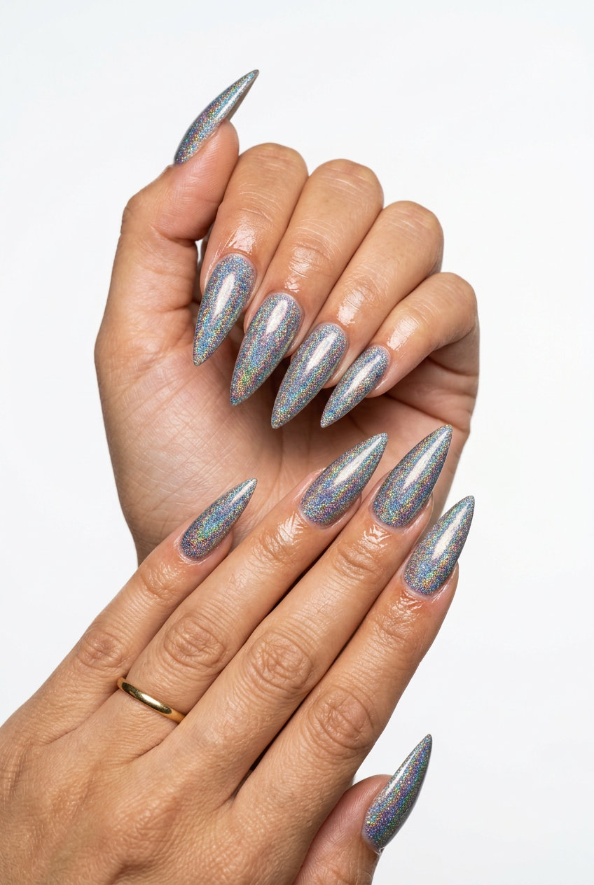 Holographic Glitter Stiletto Nails 2026: Dazzling party & clubbing style with rainbow shift.