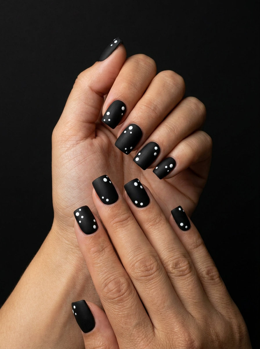 Modernist Dot Art Nails 2026: Minimalist chic daily & casual weekend style in black & white.