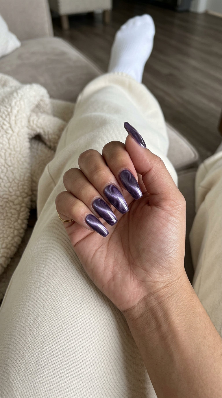 Mystic Cat-Eye Purple Swirls Nails 2026: Sultry date night & evening out style with magnetic effect.