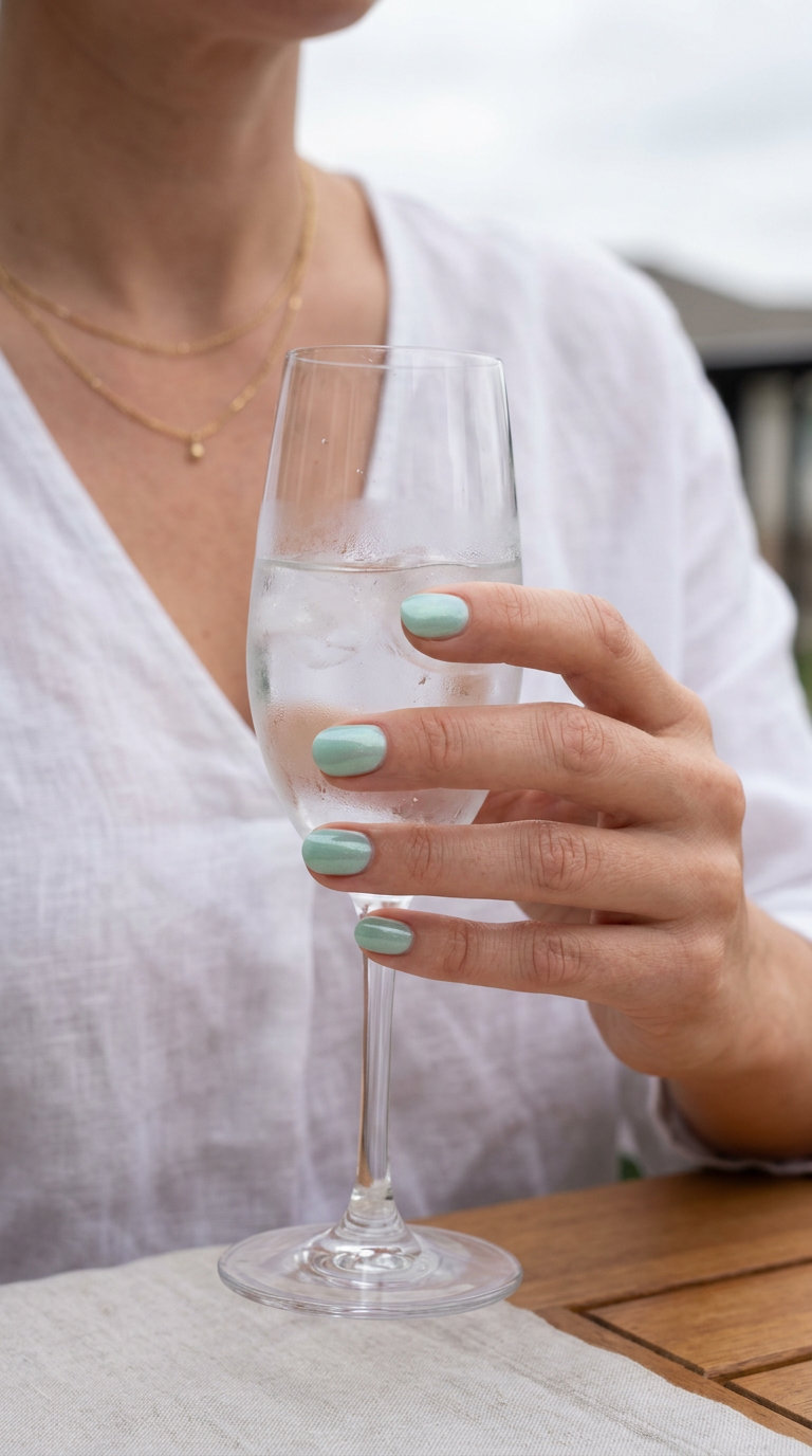 Seafoam green nails with iridescent shimmer for summer vibes nails 2026. Clean-girl style, perfect for work or weekends.