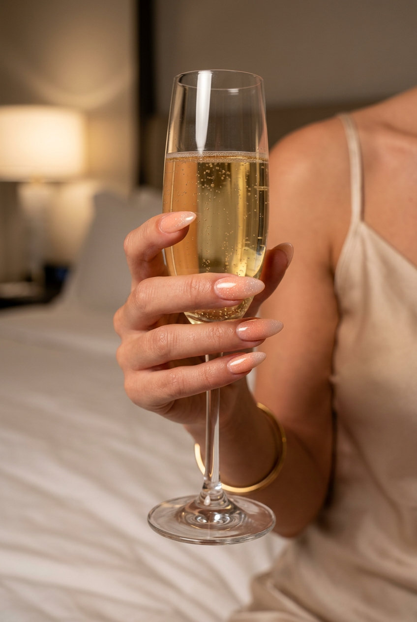 Peach Fuzz Glitter Ombre Nails 2026: Romantic summer evening style with soft sparkle.