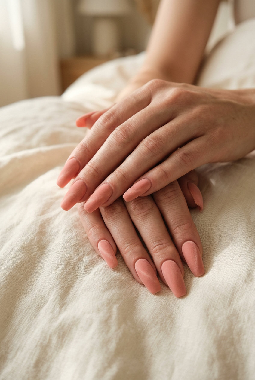 Peach fuzz velvet coffin nails for summer vibes nails 2026, perfect for formal events and date nights.