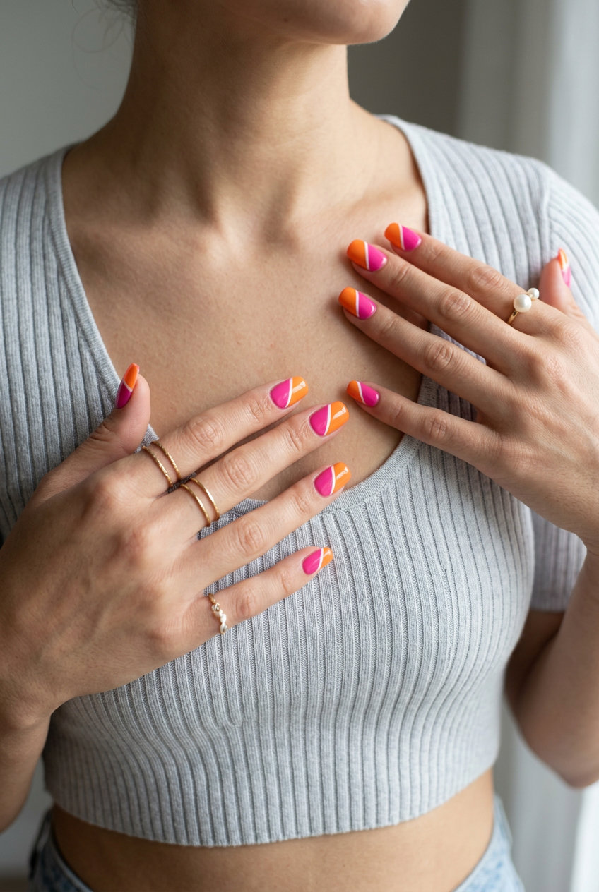 Retro Pop Color Block Nails 2026: Playful festival & summer party style in pink & orange.