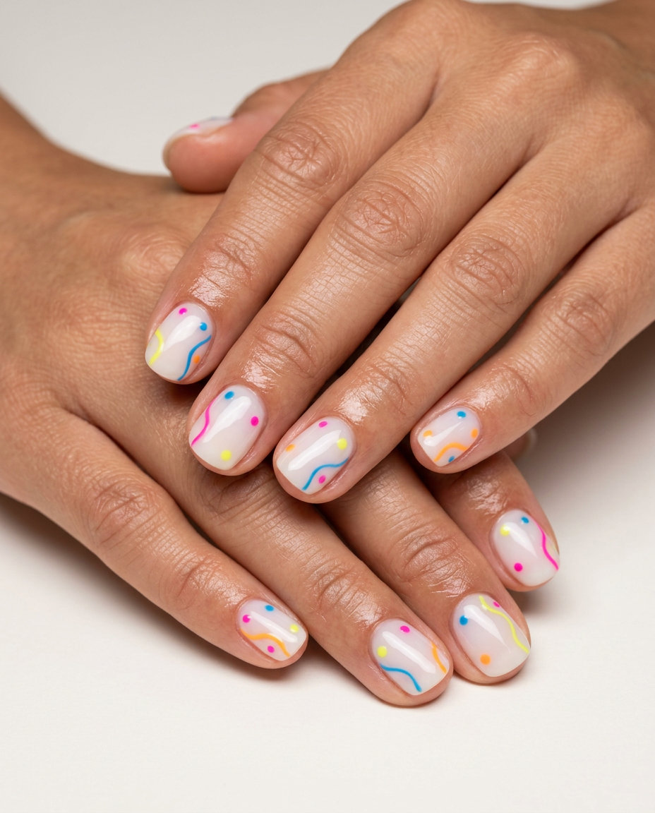 Summer Abstract Dots and Lines Nails 2026: Artistic festival & casual day style in neon colors.