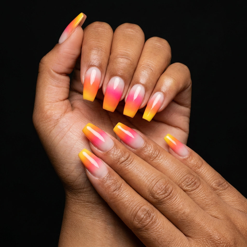 Tropical sunset gradient nails for summer vibes nails 2026. Vacation-ready long flare nails in orange, pink, and yellow.