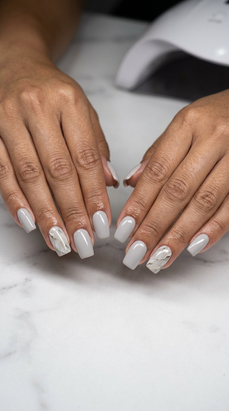 Light grey marble accent nail for wedding guest, modern and chic, great for summer wedding nails 2026.