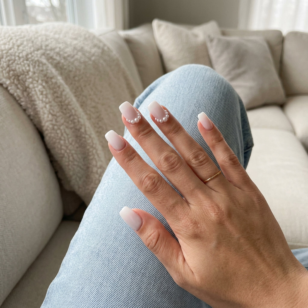 Milky White 3D Pearl Garden nails for summer wedding nails 2026. Ethereal and elegant bridal shower style.