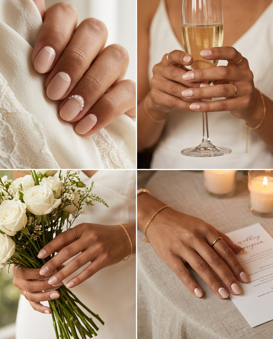 Nude Reverse French with Micro-Pearls for summer wedding nails 2026. Minimalist and sophisticated.