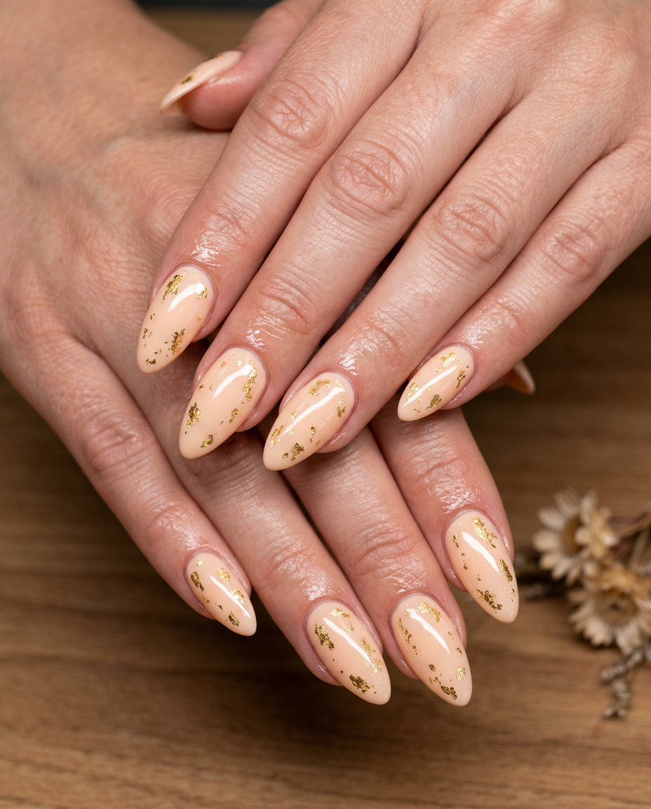 Pale Peach Subtle Foil Flake Sparkle nails for summer wedding nails 2026. Glamorous for garden parties.