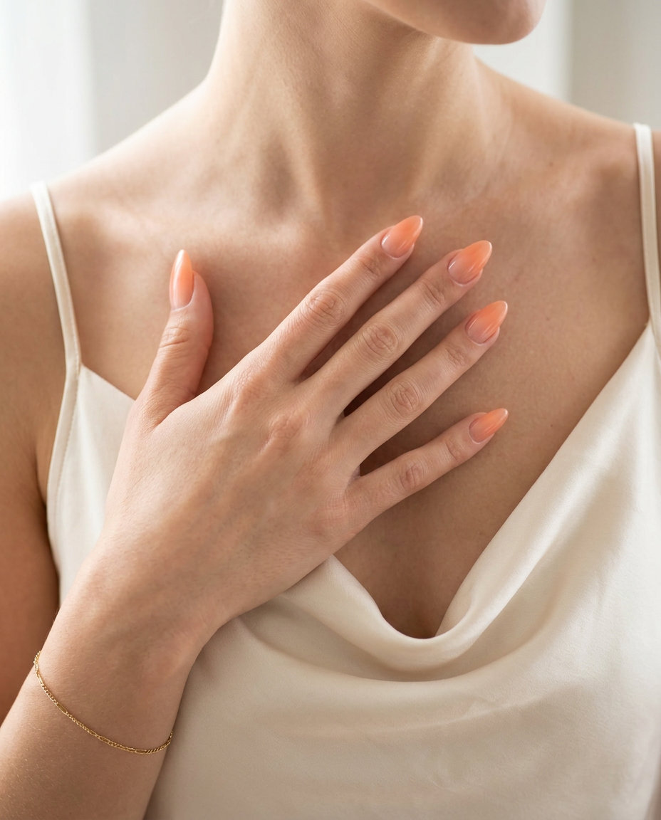 Peach Sheer Gradient Dream nails for summer wedding nails 2026. Romantic and ethereal almond shape.