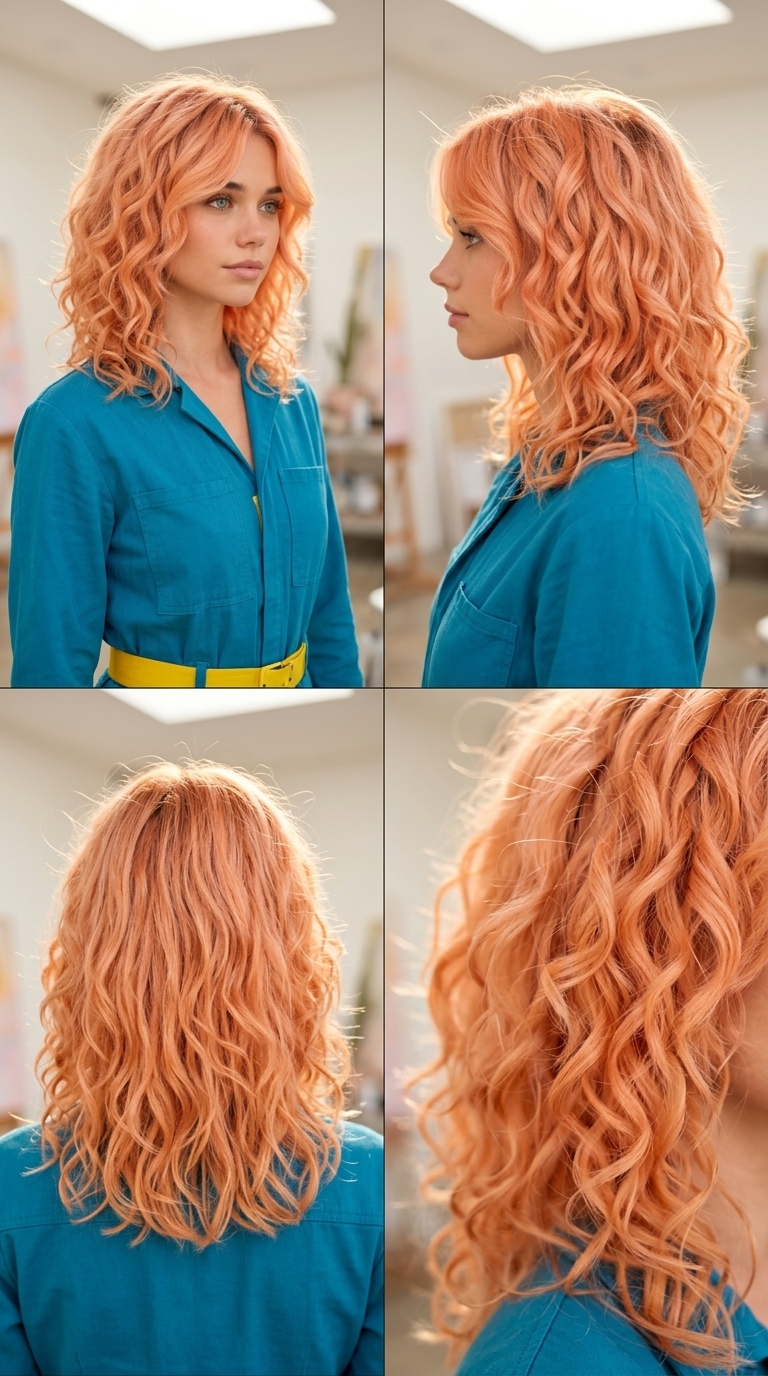 Sunset Apricot Curly Lob: Summer 2026 curly collarbone-length lob with sunset apricot and pastel peach, graduated layers, no bangs — vibrant festival look