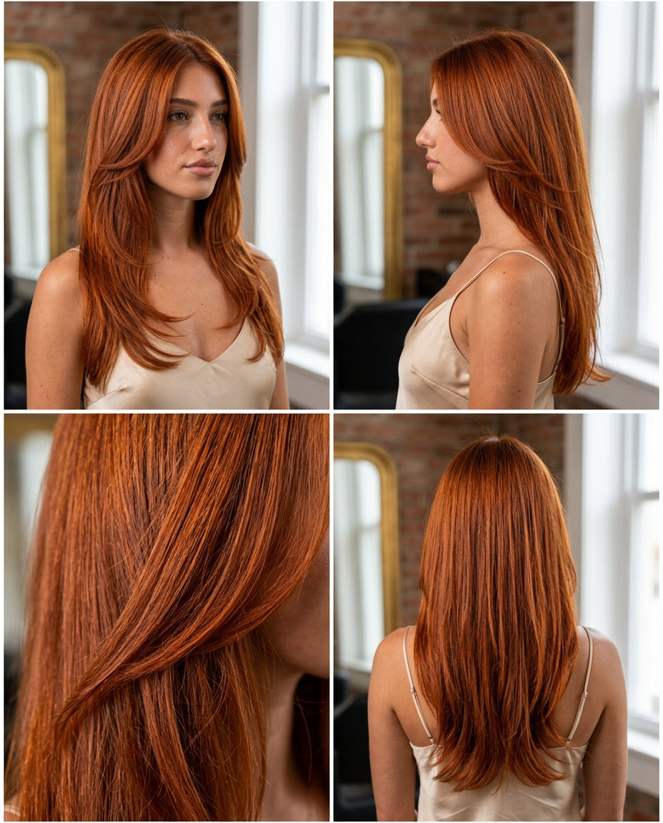 extra-long sculpted layered haircut in rich sunset copper with balayage highlights, face-framing C-shape layers — glamorous formal event style