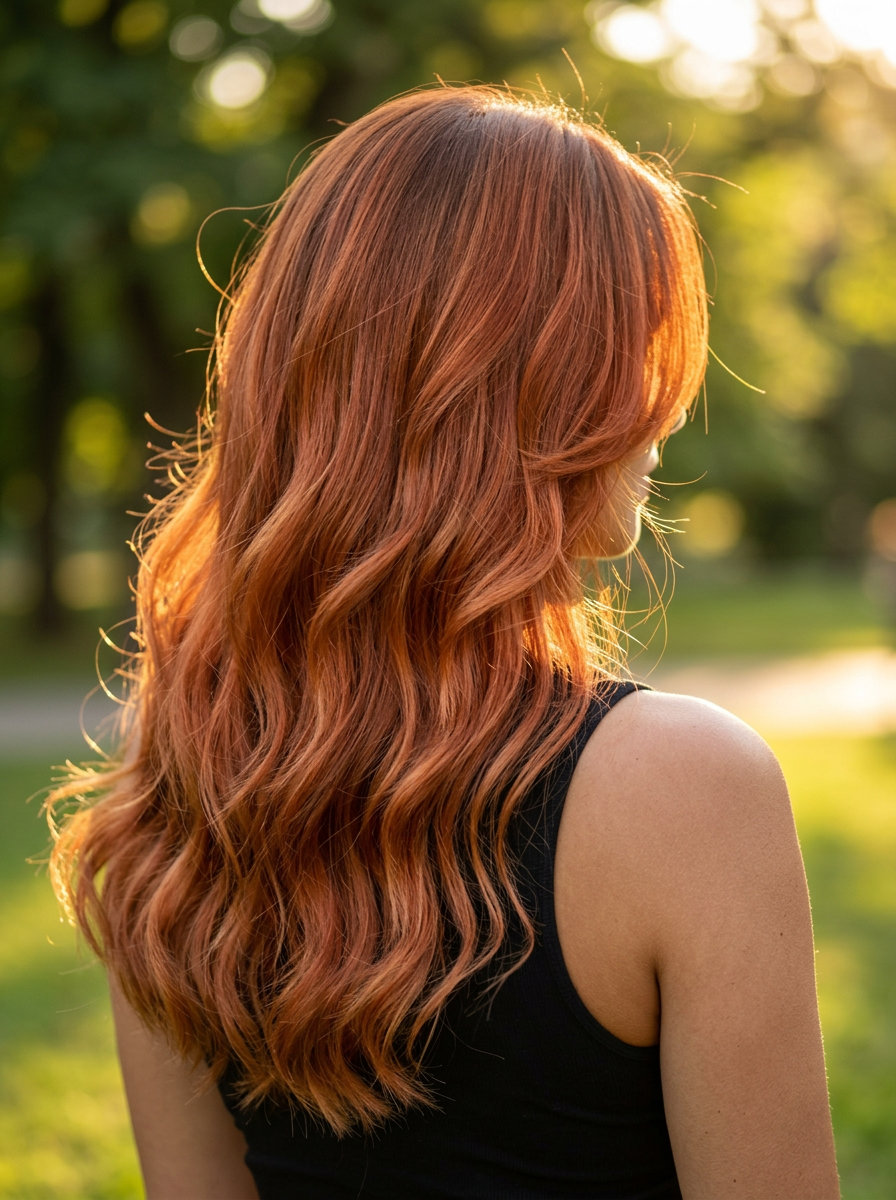 long sunset copper waves with golden balayage, face-framing layers, no bangs — romantic bohemian look