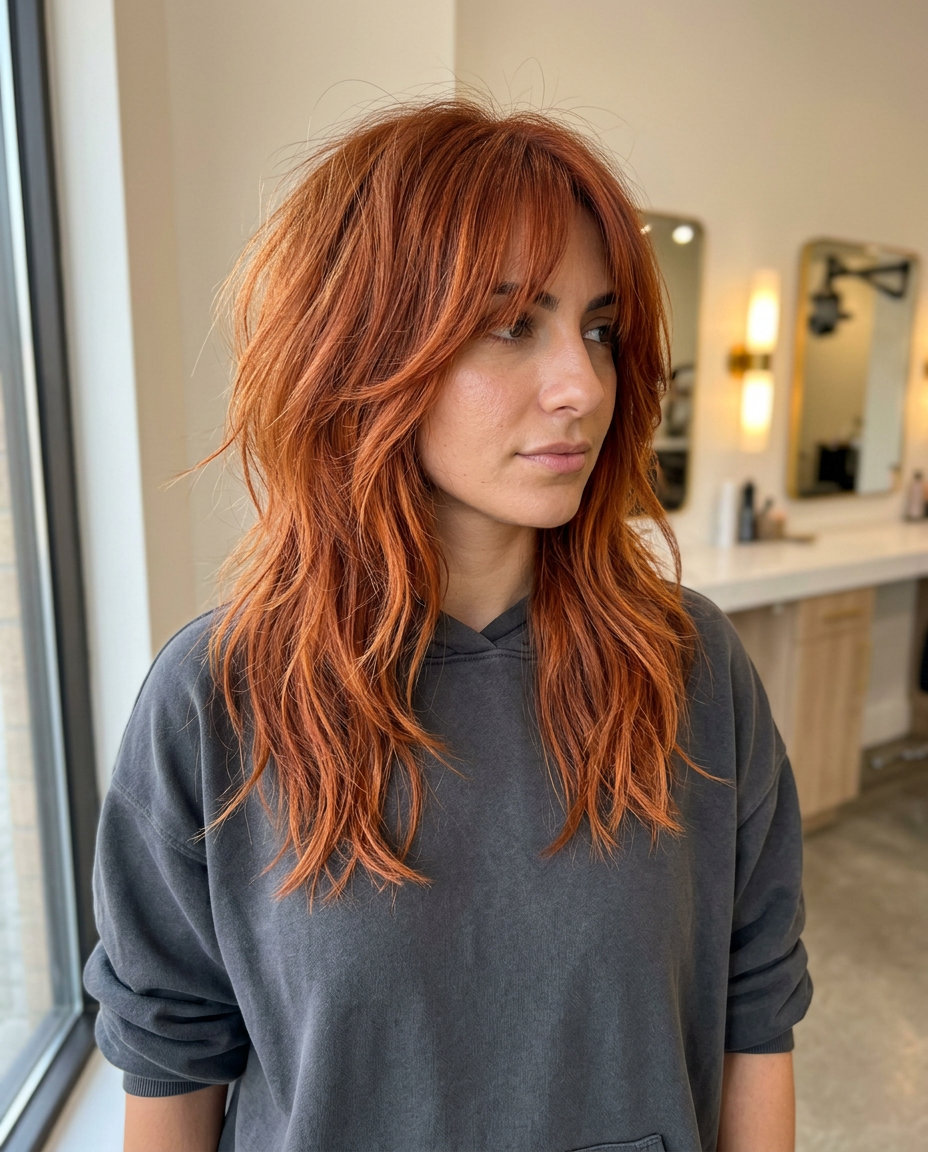 medium-length shag haircut in vibrant sunset copper with foilyage highlights, wispy curtain bangs, razored ends — edgy festival style