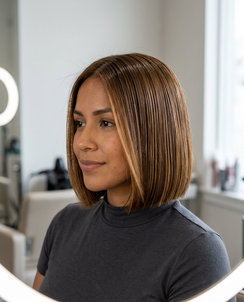 chin-length syrup brunette bob with blunt perimeter and wet-look finish for date night