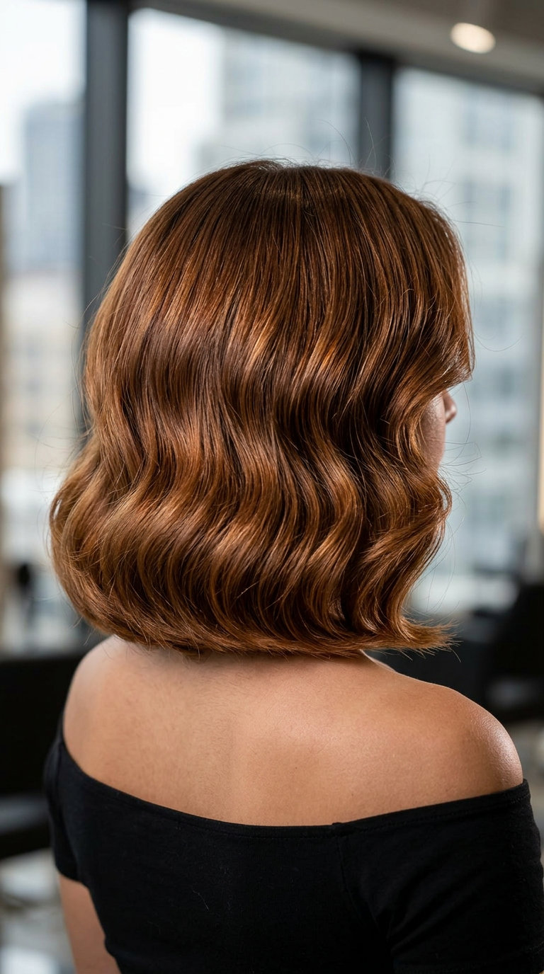 shoulder-length syrup brunette bob with caramel and auburn undertones for summer