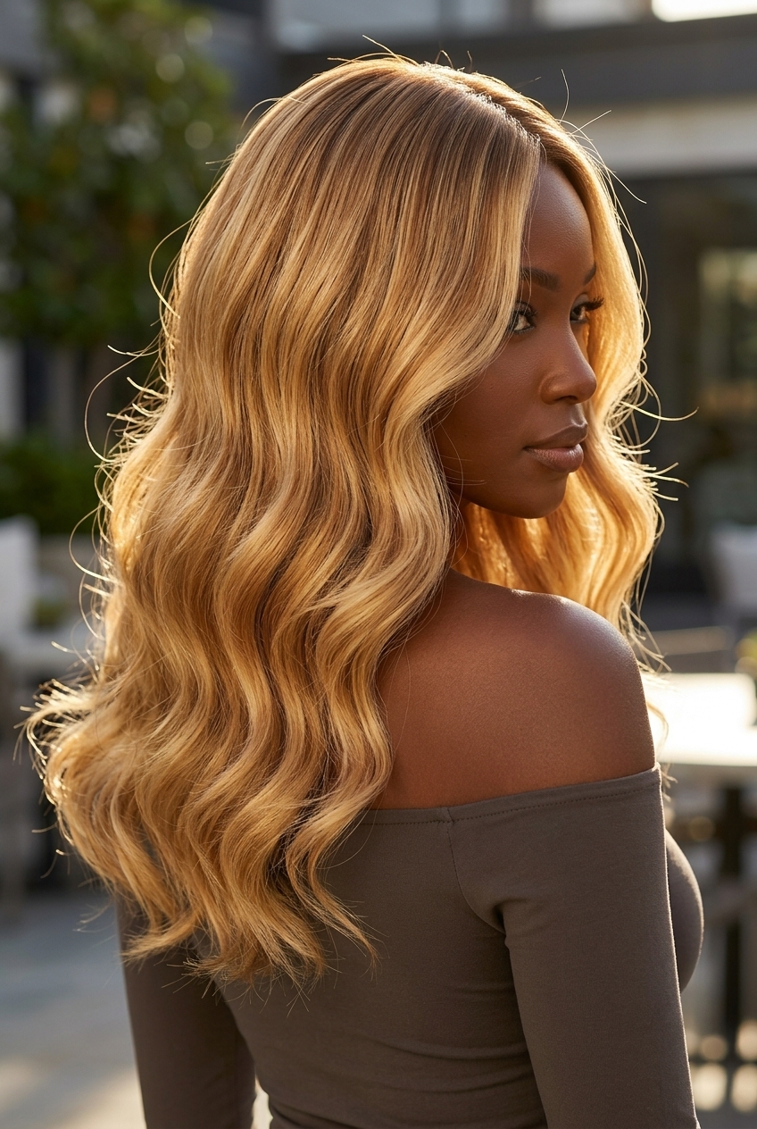 Syrup Blonde Foilyage 2026 long syrup blonde hair color with foilyage, amber caramel tones, glamorous event style