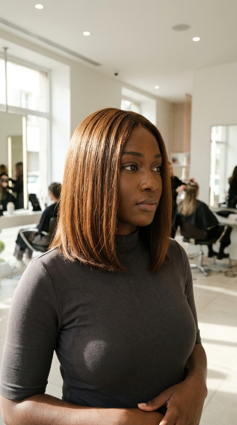 short syrup brunette all-over color with golden reflects, glossed finish, no fringe — radiant sophisticated daily