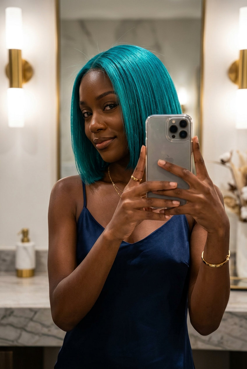 chin-length teal bob with sculpted undercut and sharp perimeter for summer
