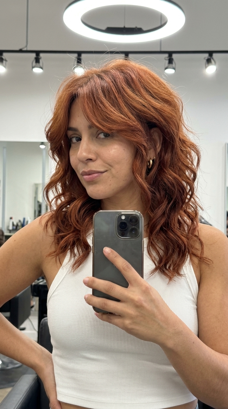 Terracotta Curl Shag 2026: Bohemian Waves collarbone-length wavy shag haircut with terracotta copper & auburn depth, heavily layered, wispy fringe — playful & bohemian