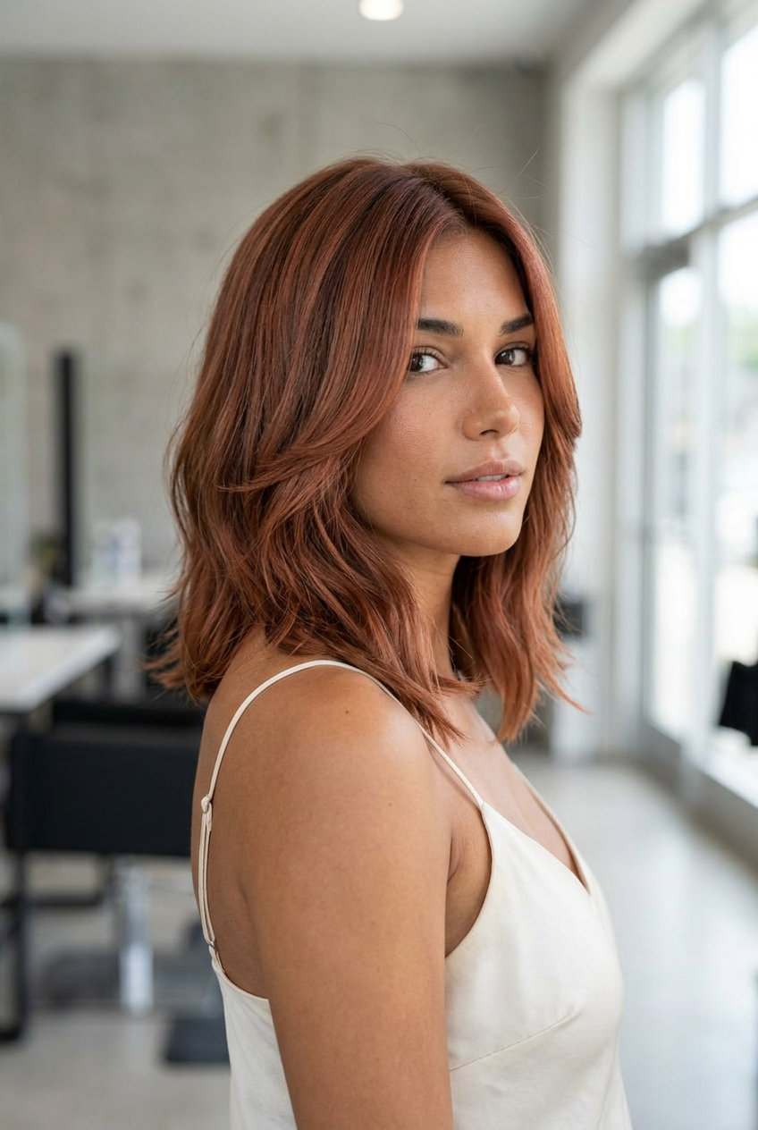 collarbone-length lob haircut with terracotta copper and brown lowlights, face-framing layers — bold for summer