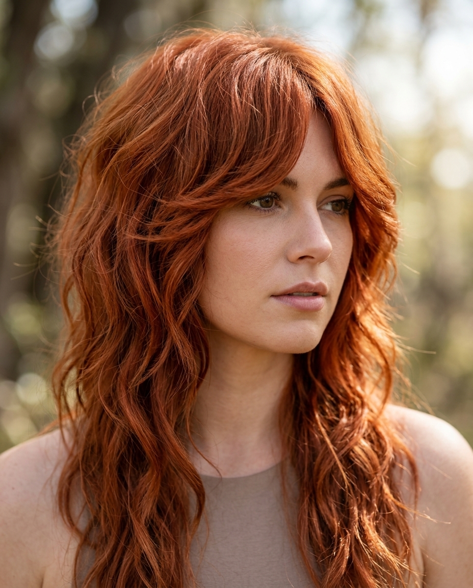 Bold Wavy Summer Shag 2026 long wavy shag haircut with terracotta copper color and feathered bangs for bold look