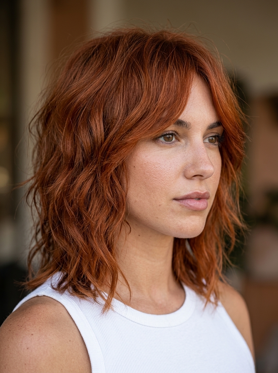 Terra Bloom Shag 2026: Earthy Terracotta medium-length wavy shag haircut with earthy terracotta copper, textured piecey ends, wispy fringe — playful & retro chic