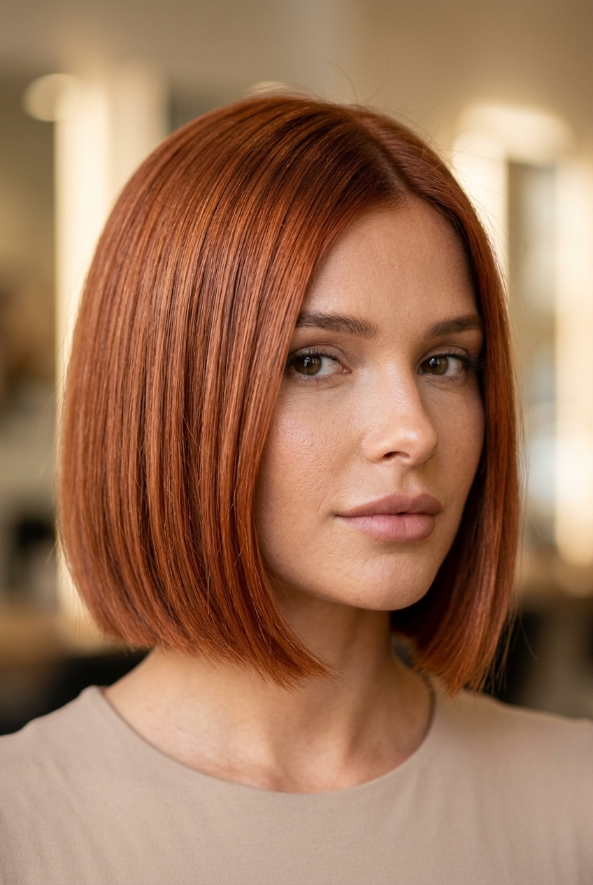 Terracotta Copper Italian Bob 2026 short italian bob haircut with terracotta copper, muted red, blunt ends for polished chic