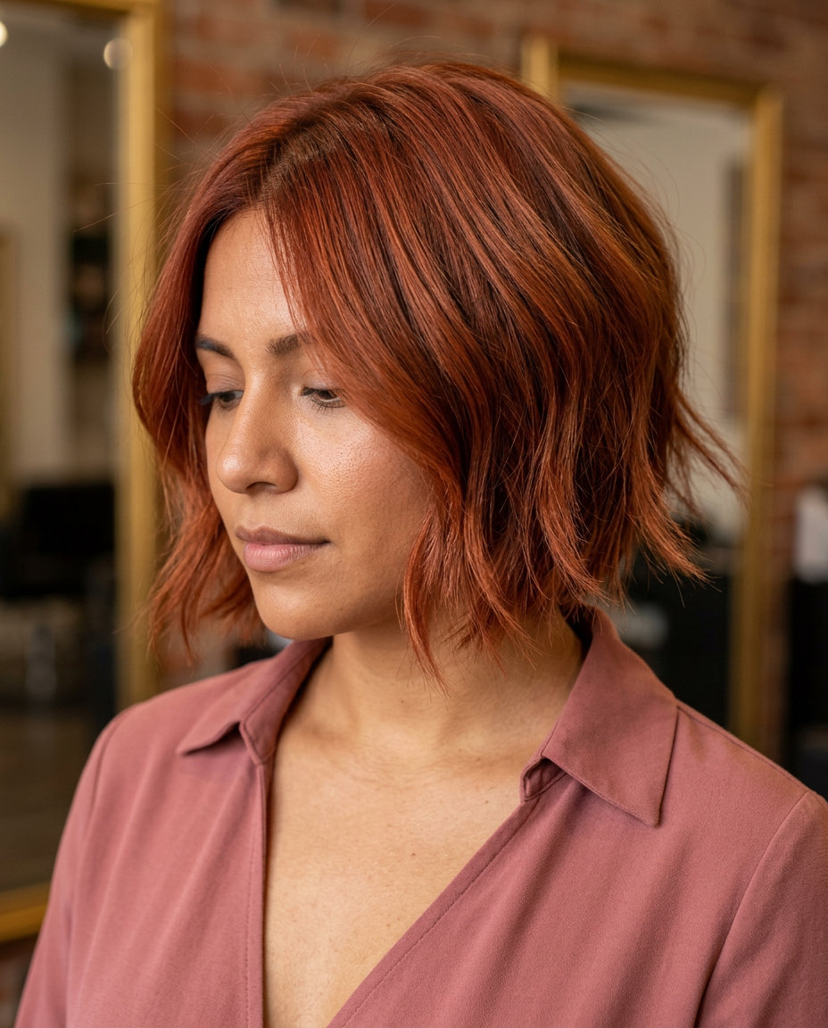 Textured Terracotta Copper Bob 2026 short italian bob haircut with terracotta copper, auburn lowlights, internal layering for tousled texture