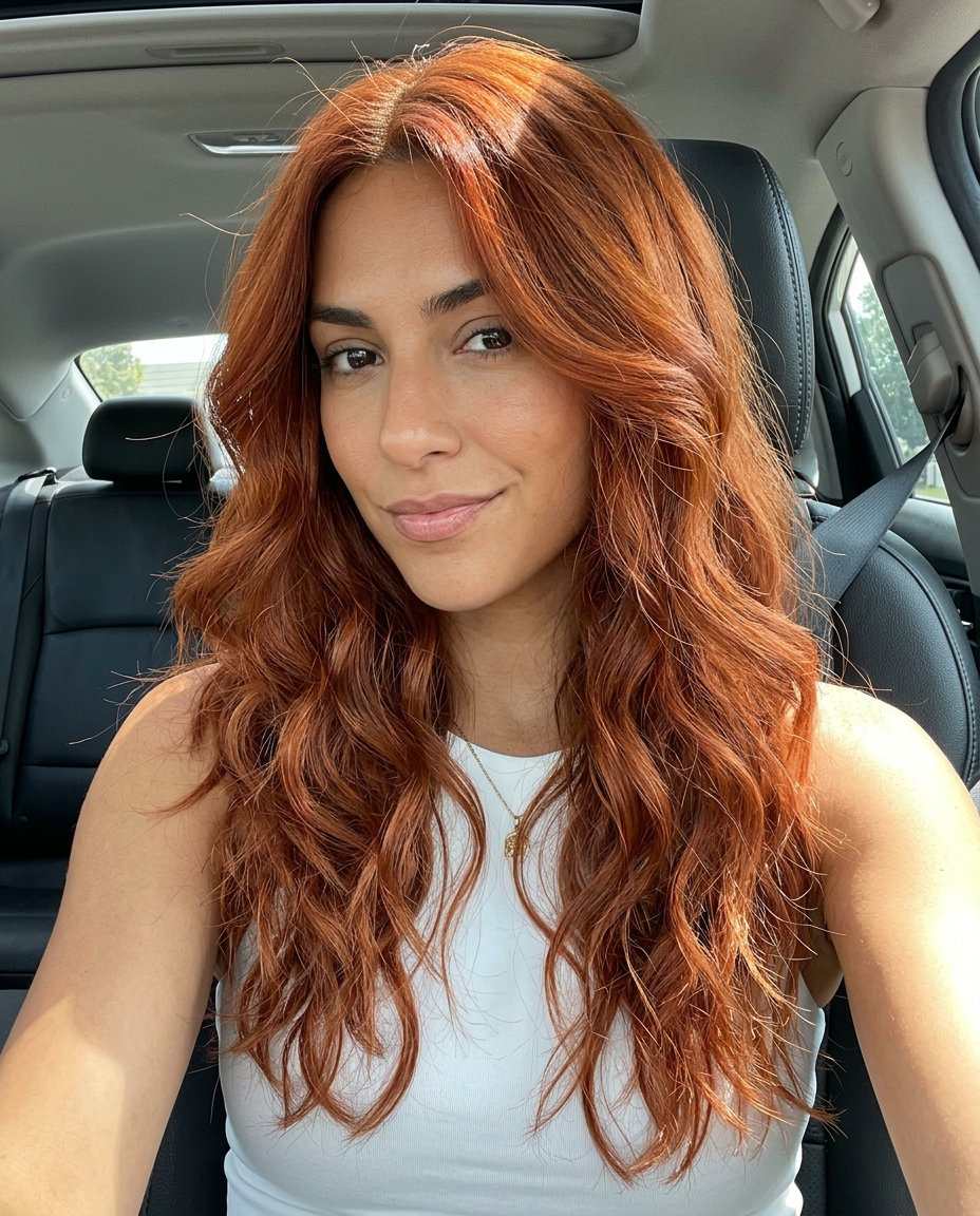 long layered haircut in vibrant terracotta with coppery undertones, face-framing layers, soft V-shape back — bohemian festival style