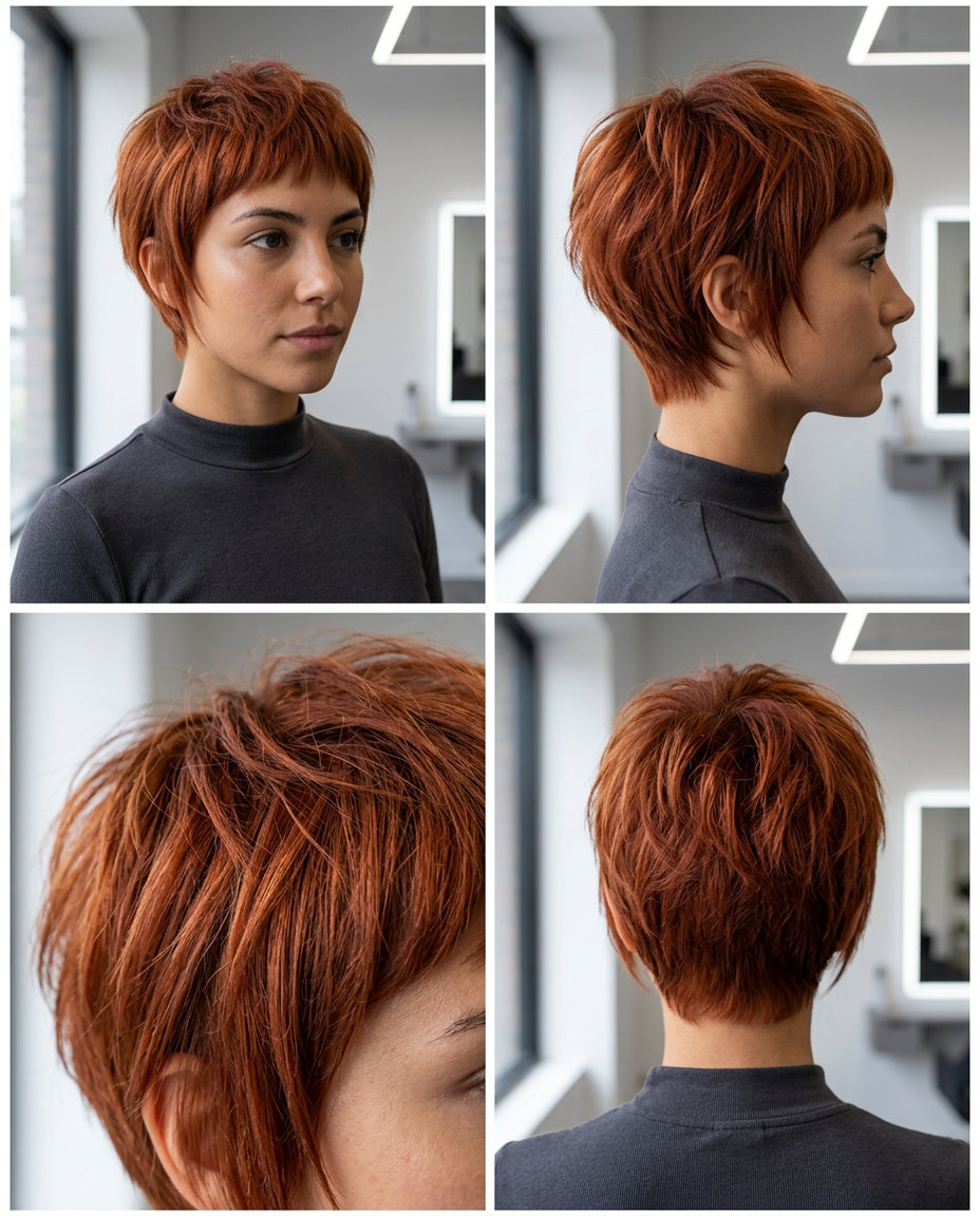 very short crop haircut in rich terracotta with reddish-orange undertones, textured crown, tapered nape — bold edgy look