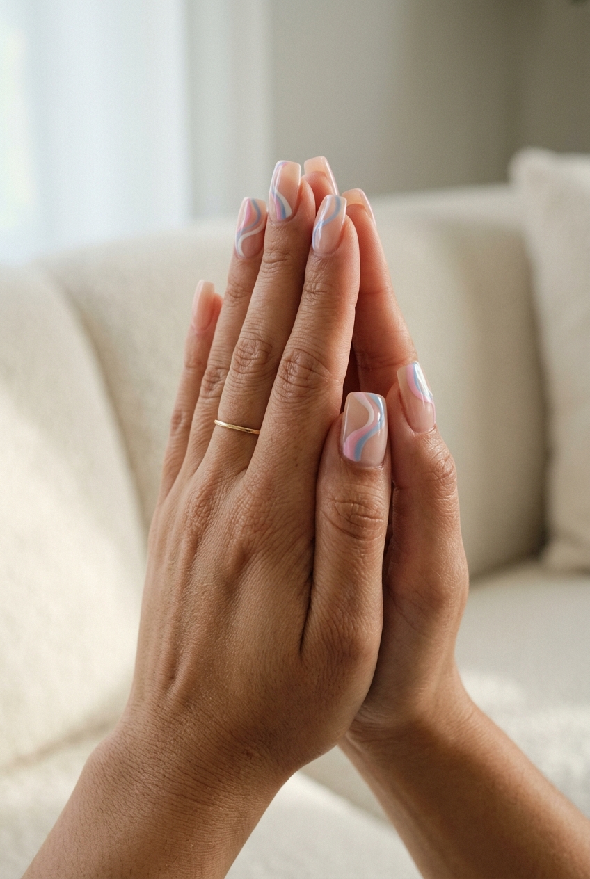 Abstract Swirl Nude Nails 2026 | Bohemian Artistry Abstract swirls on nude nails for trending summer nails 2026. Bohemian daily wear and art gallery style.