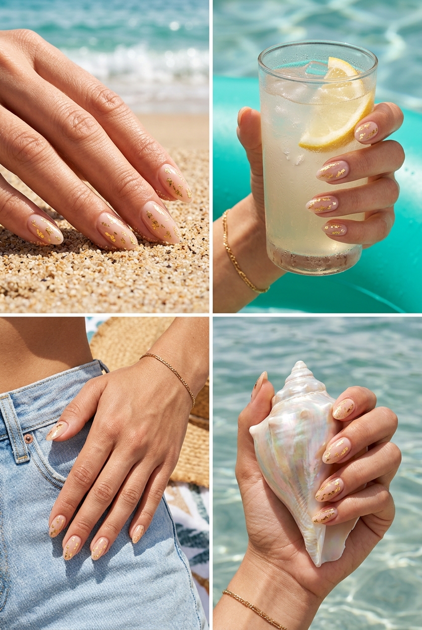 Gold Foil Flakes Almond Nails 2026 | Glamorous Summer Elegant gold foil flakes almond nails for trending summer nails 2026. Glamorous wedding guest style.