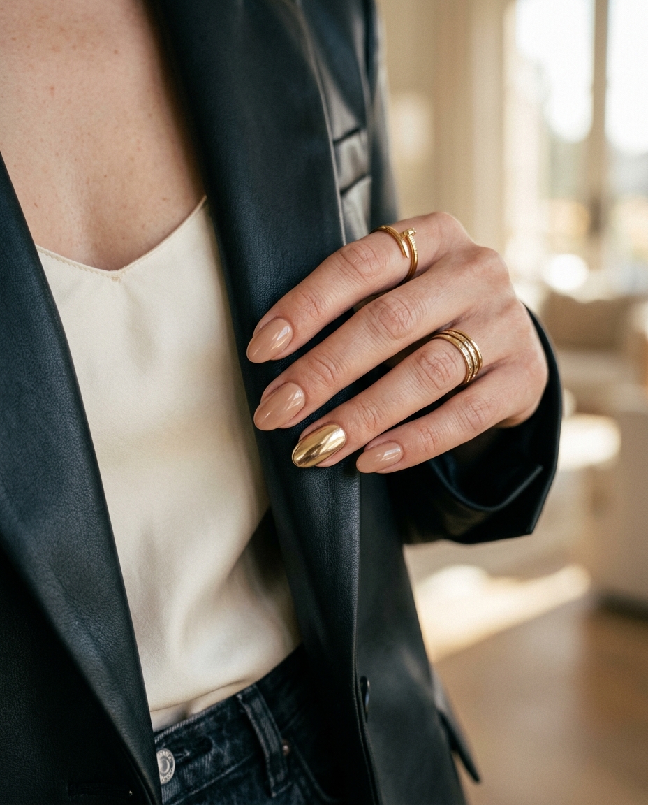 Trending Summer Nails 2026: Golden Hour Glam Trending summer nails 2026: Golden Hour nude & gold chrome accent nails for sophisticated daily wear.