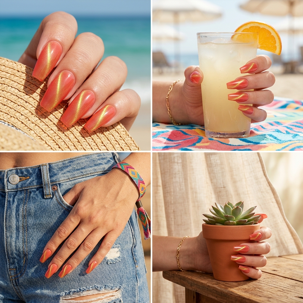 Juicy Coral Jelly Cat-Eye Nails 2026 | Summer Festival Playful juicy coral jelly cat-eye nails for trending summer nails 2026. Bold festival vacation style.