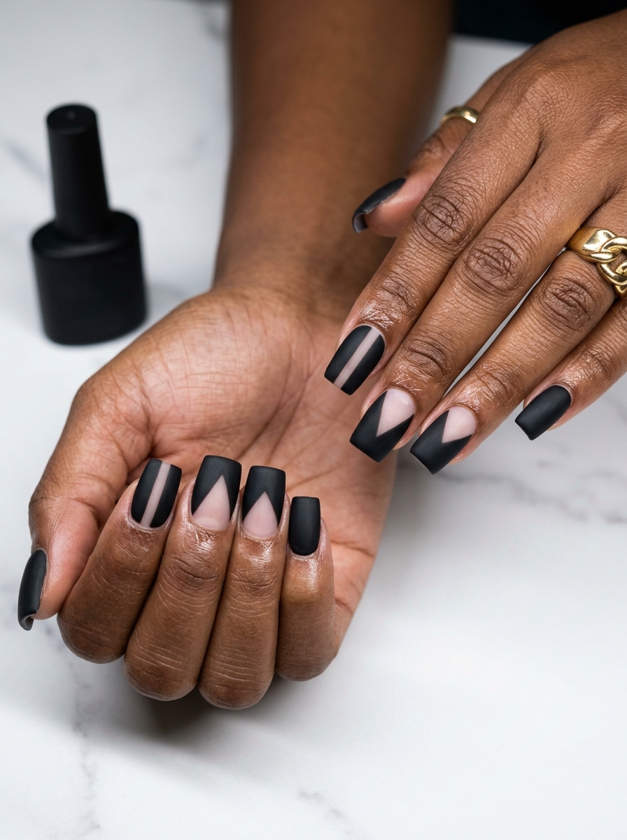 Trending Summer Nails 2026: Matte Black Negative Space Trending summer nails 2026: Edgy matte black graphic negative space for evening events.
