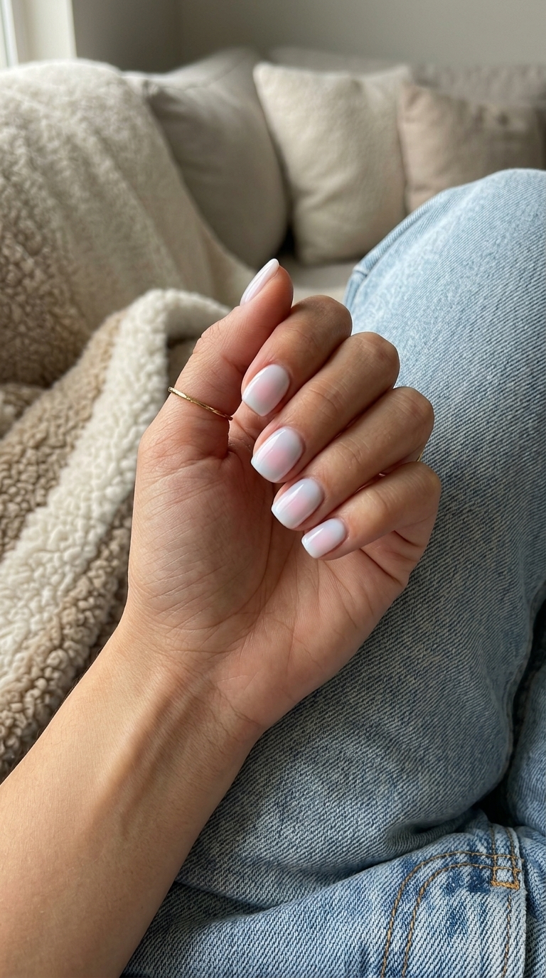 Trending Summer Nails 2026: Milky White Aura Gradient Trending summer nails 2026: Milky white aura gradient with soft pink and blue for clean looks.