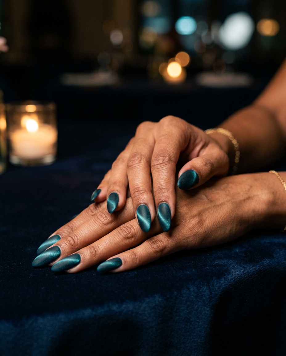 Teal Velvet Cat-Eye Nails 2026 | Date Night Chic Mystic teal velvet cat-eye nails for trending summer nails 2026. Sultry date night and evening event style.