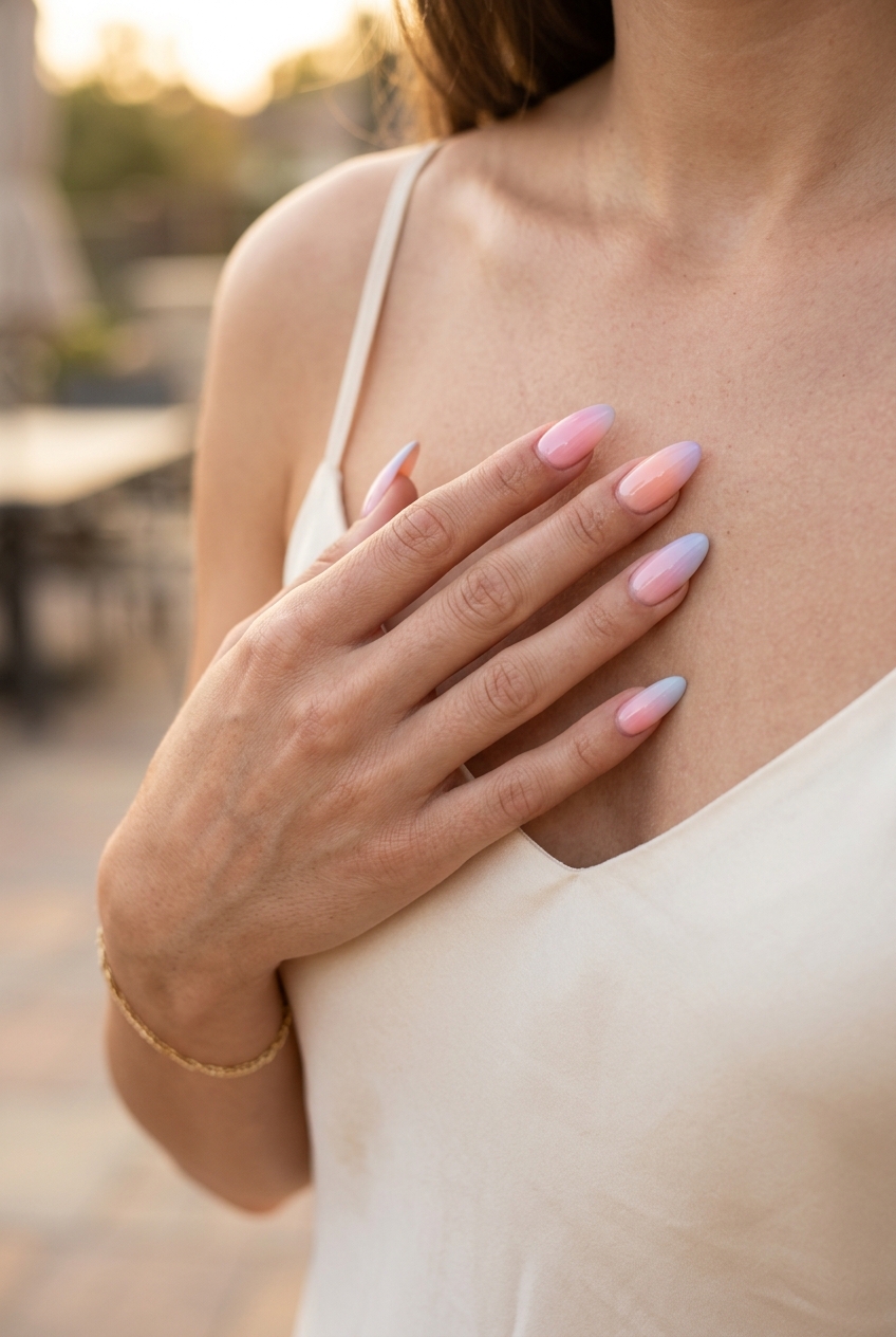 Trending Summer Nails 2026: Sunset Pastel Ombre Trending summer nails 2026: Sunset pastel ombre for whimsical vacation vibes.