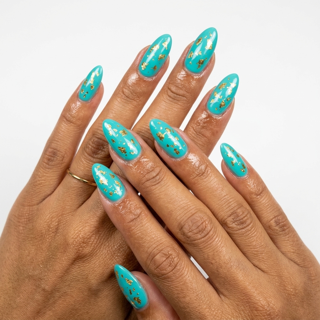 Golden Hour Turquoise Treasure Nails 2026 | Glamorous Party Golden Hour Turquoise Treasure nails: vivid turquoise with gold flakes for date nights & tropical parties. Tropical nail designs 2026.