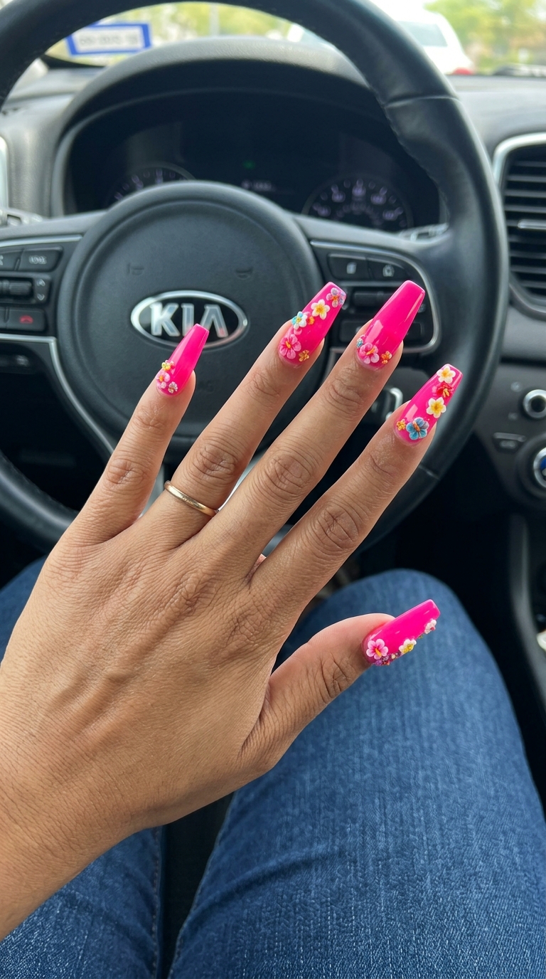 Hot Pink 3D Floral Nails 2026 | Bold Tropical Party Hot Pink 3D Floral Coffin nails: vibrant hot pink with colorful charms for parties & summer events. Tropical nail designs 2026.