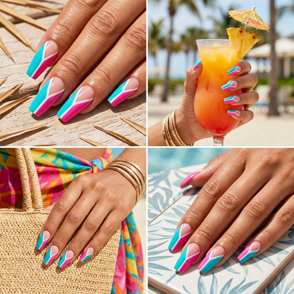 Color Block Stiletto Nails 2026: Tropical Party Island color block stiletto nails for tropical parties and summer events. Energetic tropical nail designs 2026.