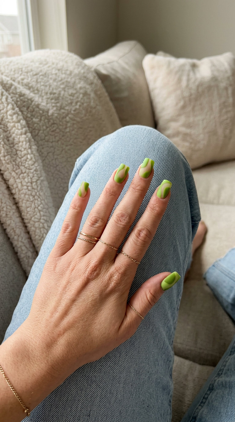 Lime Green Abstract Nails 2026 | Modern Minimalist Style Lime Green Abstract Negative Space nails: modern lime green shapes on clear for daily wear & art galleries. Tropical nail designs 2026.